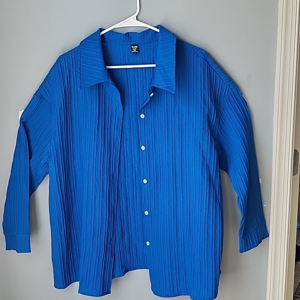 Blue seersucker blouse and short set
